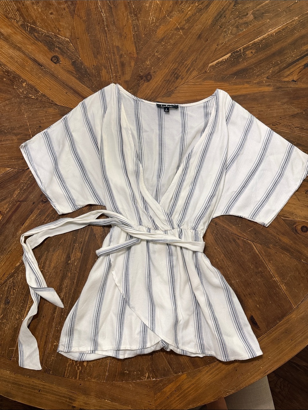 Lulu's White Romper with Navy Pinstripes